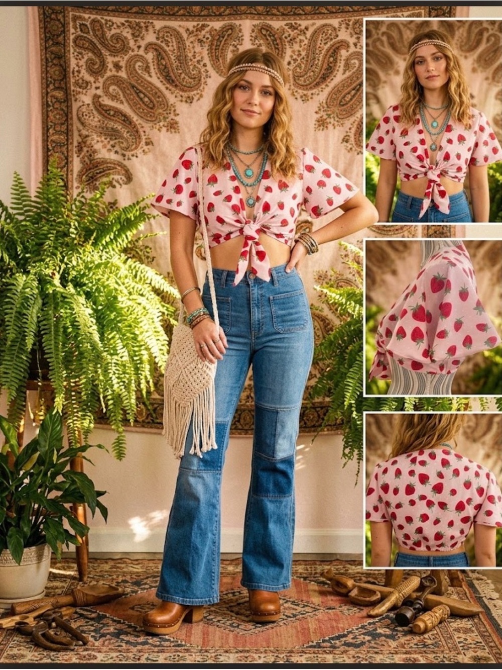 Handmade RagVival Pink Strawberry Tie-Front Crop Top